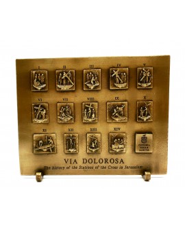 Bronze color alloy plate with 14 stations of the Way of The Crosson support feet
